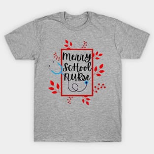 Merry School Nurse with red Floral and Berries T-Shirt